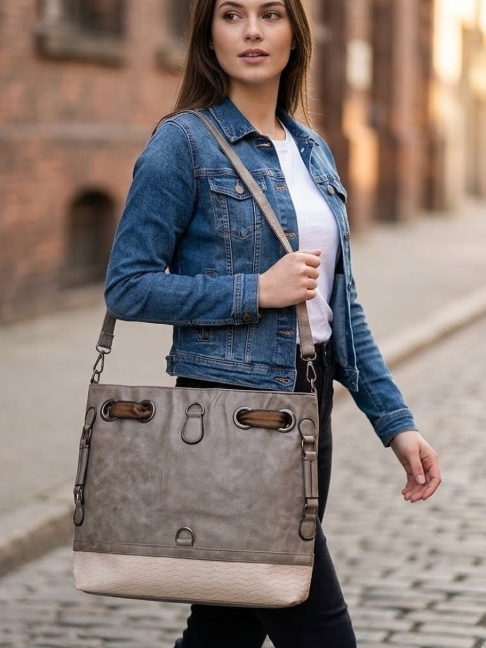 Classic‎ Gray Tan Large Tote Bag Travel Neutral CarryOn Shoulder Bag Oversized
